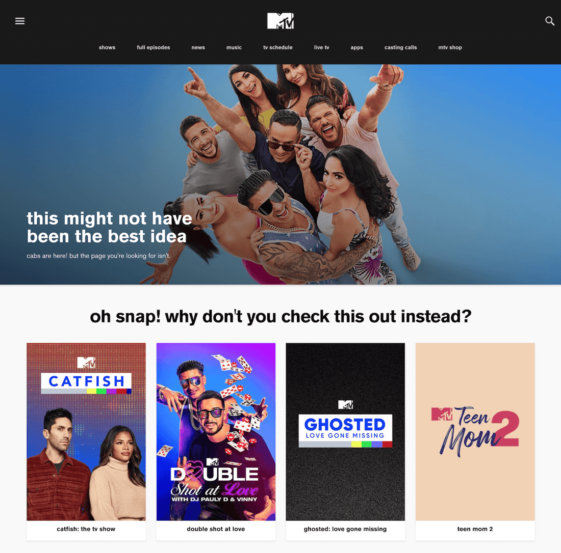 Music Television's 404-page with featured TV-shows